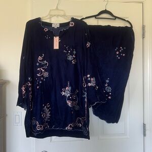 NEW Nia Mia Navy Embroidered Velvet Shirt Pant Set